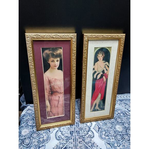 Gallery Graphics framed Lady Prints Gold Frames 11 x 5" Victorian Art Deco - Picture 1 of 3